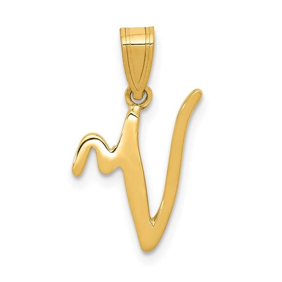 14k Yellow Gold, Mimi Collection, Small Script Initial V Pendant - Picture 1 of 5